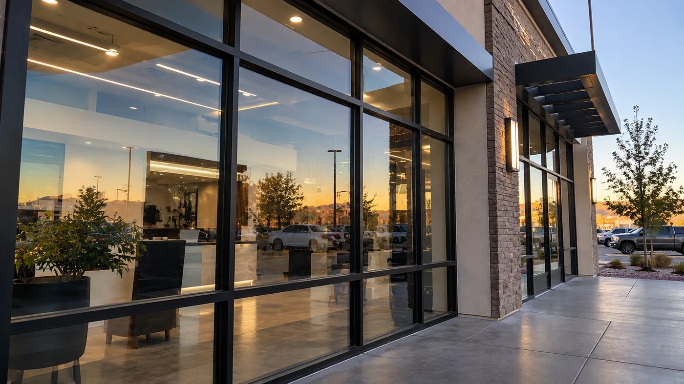 Commercial storefront with tinted glass windows, business window tinting in Reno and Sparks, NV