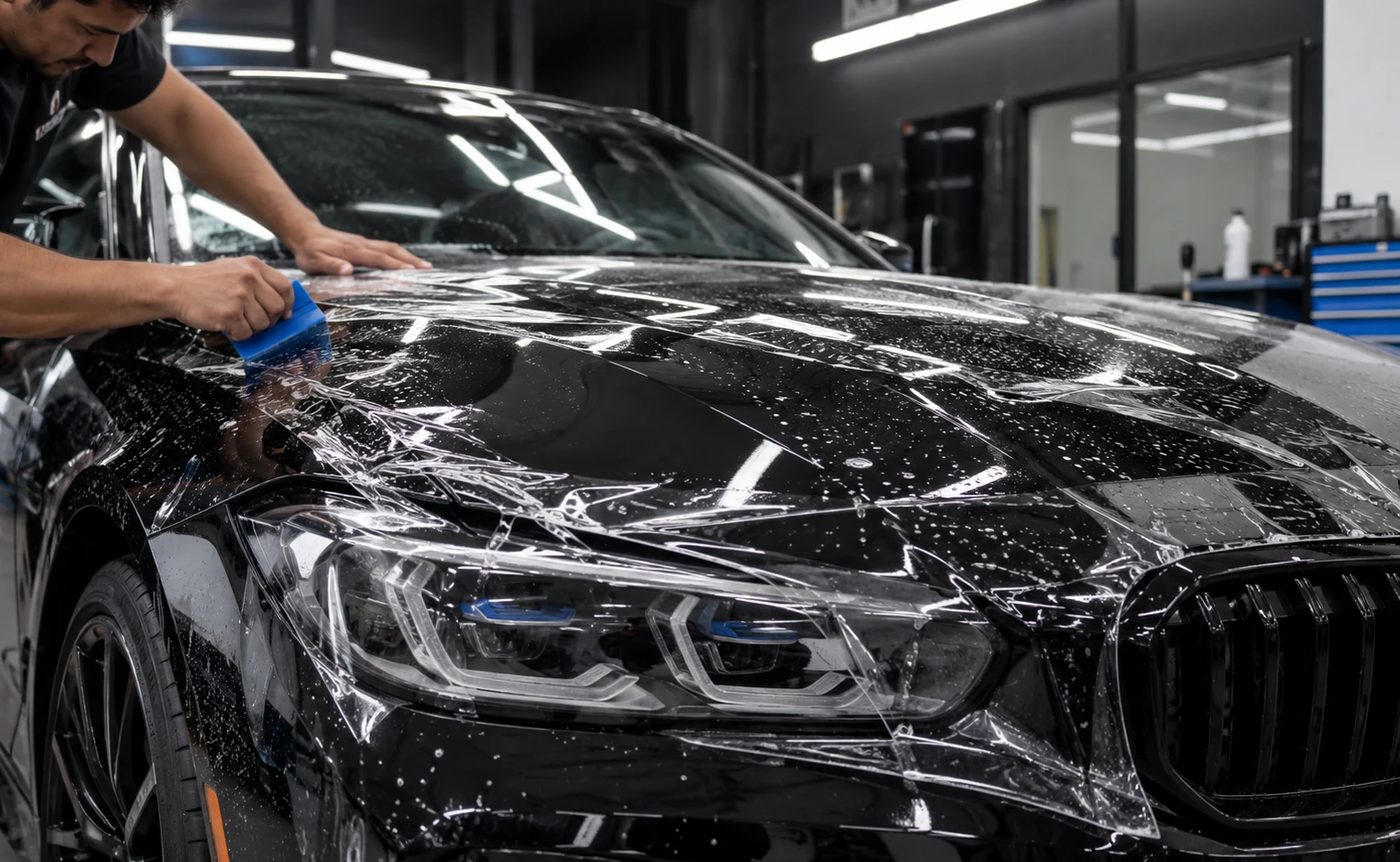 Installer applying clear paint protection film to the hood of a black vehicle